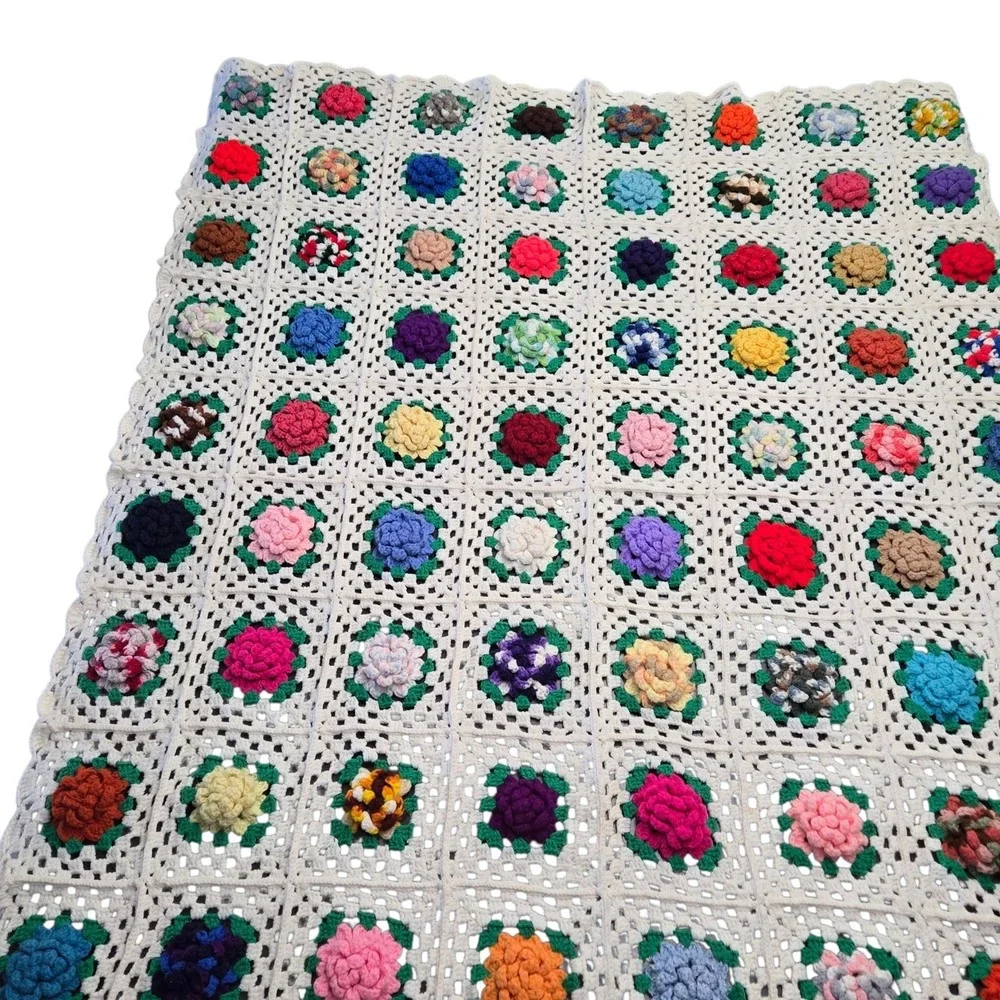 Vintage 3D Crochet Granny Square Blanket Floral White Handmade Afghan Throw
